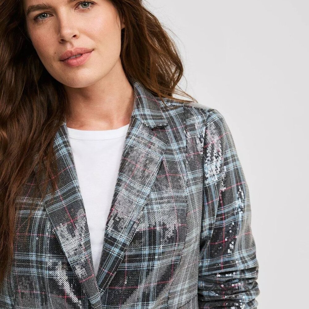 Torrid Sequin Button Front Plaid Blazer 2X - Picture 3 of 16